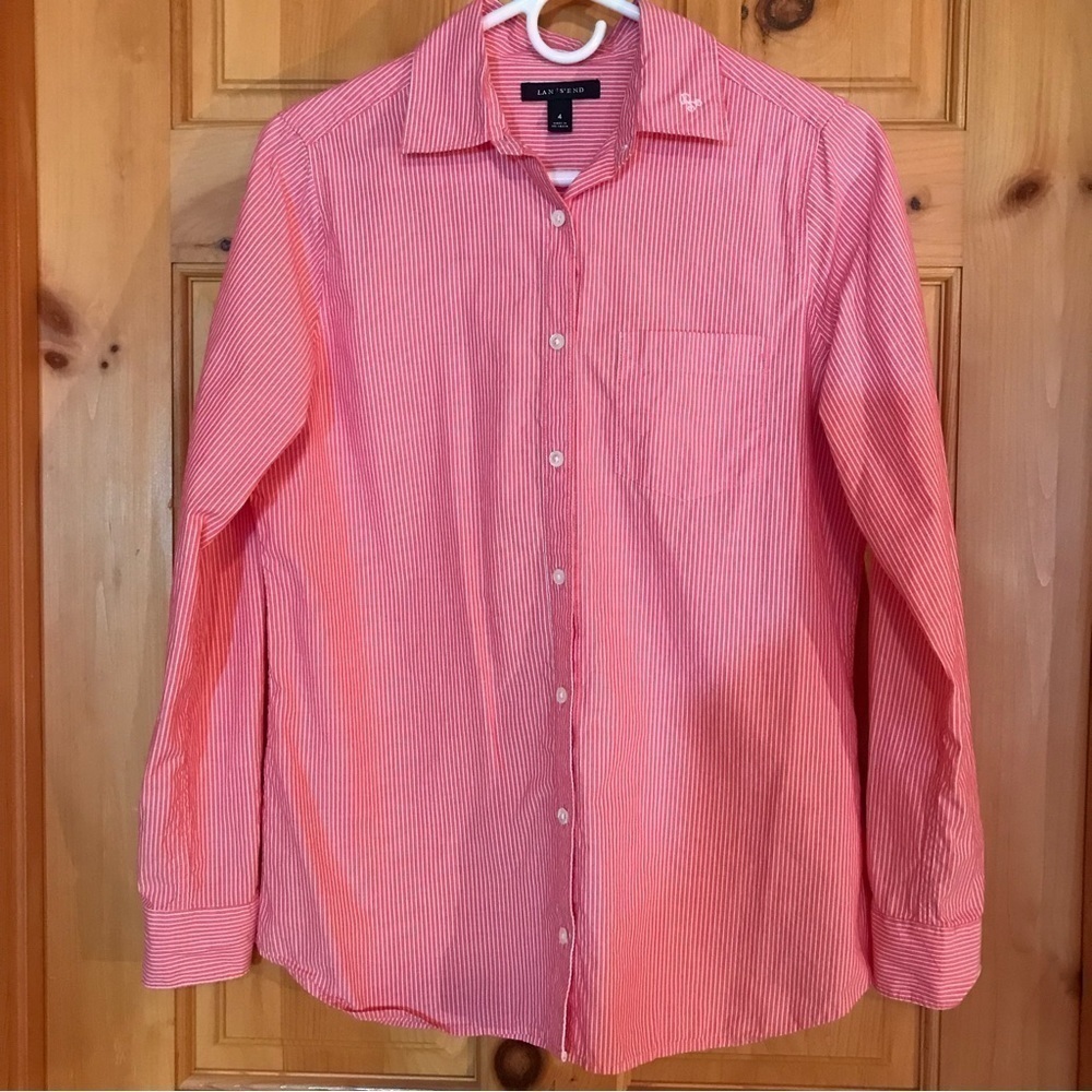 Land’s End Red White Small Striped Button Down Shirt with Monogram R